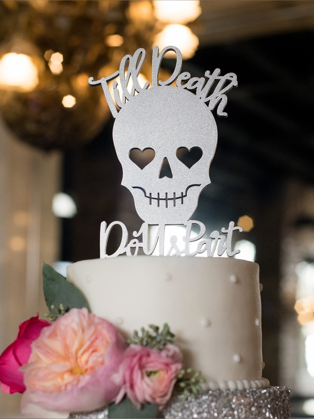 Till Death Do Us Part Skull Halloween Wedding Cake Topper Keepsake in Silver